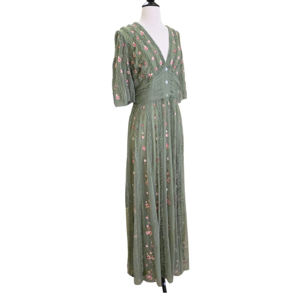 Mac Duggal 8028 Green Moss Floral Embroidered Tulle Gown Flutter Sleeve Dress 18 - Picture 5 of 14